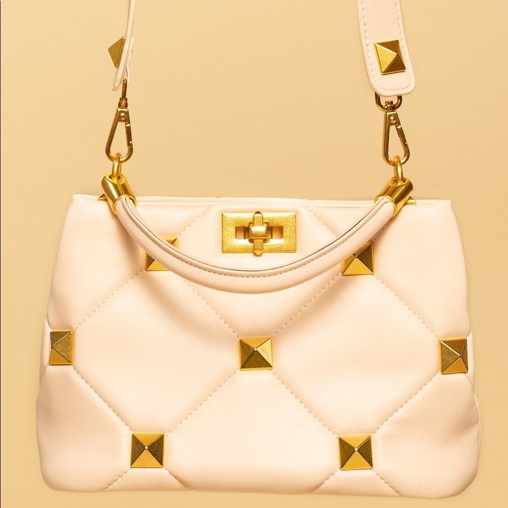 Cream Quilted Vegan Leather Gold Studded Top Handle Handbag with Studded Strap